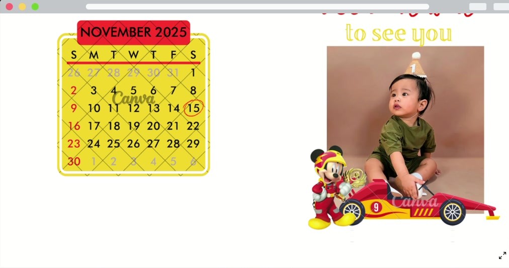 Calendar and race car themed invitation screenshot